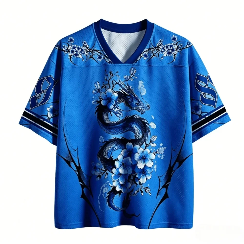 2026 Japanese ukiyo-e ink blue dragon cherry blossom 3D printing sports breathing quick drying men's T-shirt casual fashion