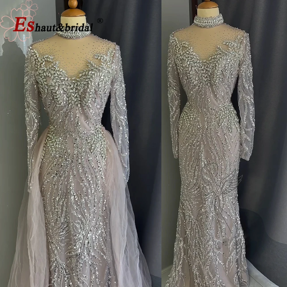 

Elegant High Neck Long Sleeve Mermaid Evening Dress Detachable Train for Women 2025 Formal Prom Wedding Party Gown Customized