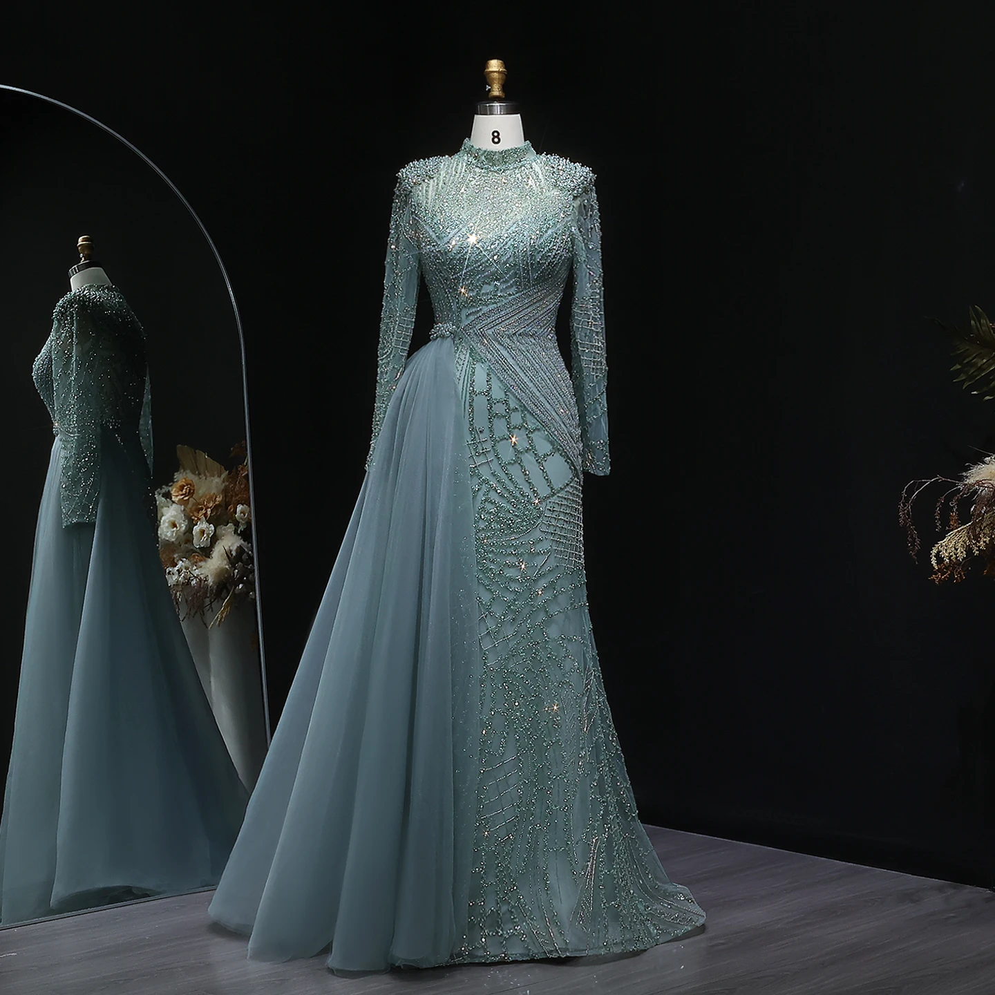 Sharon Said Luxuriöses Perlenbesetztes Staubrosafarbenes Abendkleid mit Schlitz-Seitenrock, Damenkleid mit Langen Ärmeln für Hochzeitsfeier, SS064 Maßanfertigung – Detail 12