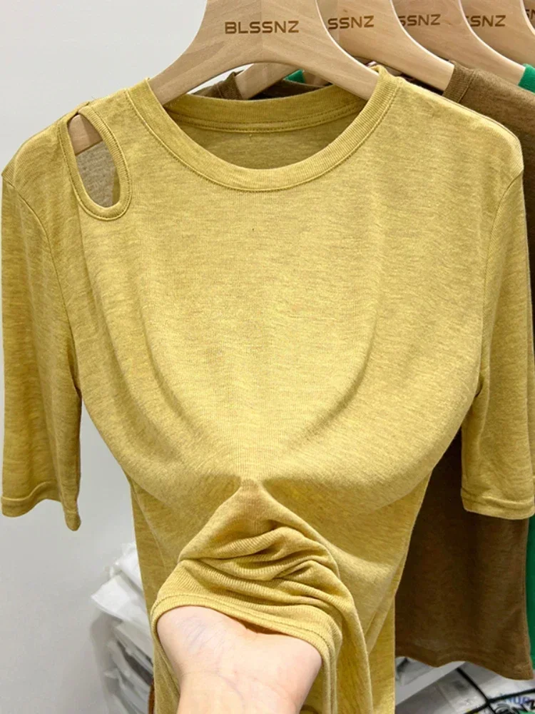

New T-shirt Korean Transparent Short-sleeved Hollow Out Tops Slim-fit Elastic Solid Inner Bottoming Shirt Sexy Big Chest T-shirt