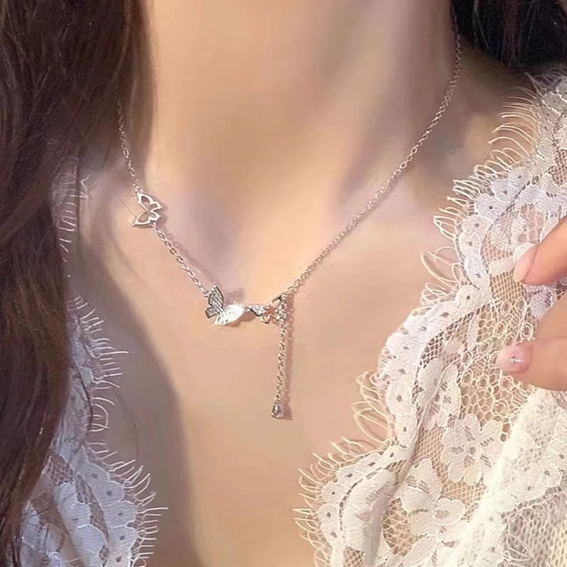 

New 925 Sterling Silver Butterfly Necklace Simple Twinkling Zirconia Animal Pendant Choker Birthday Gift for Women Fine Jewelry