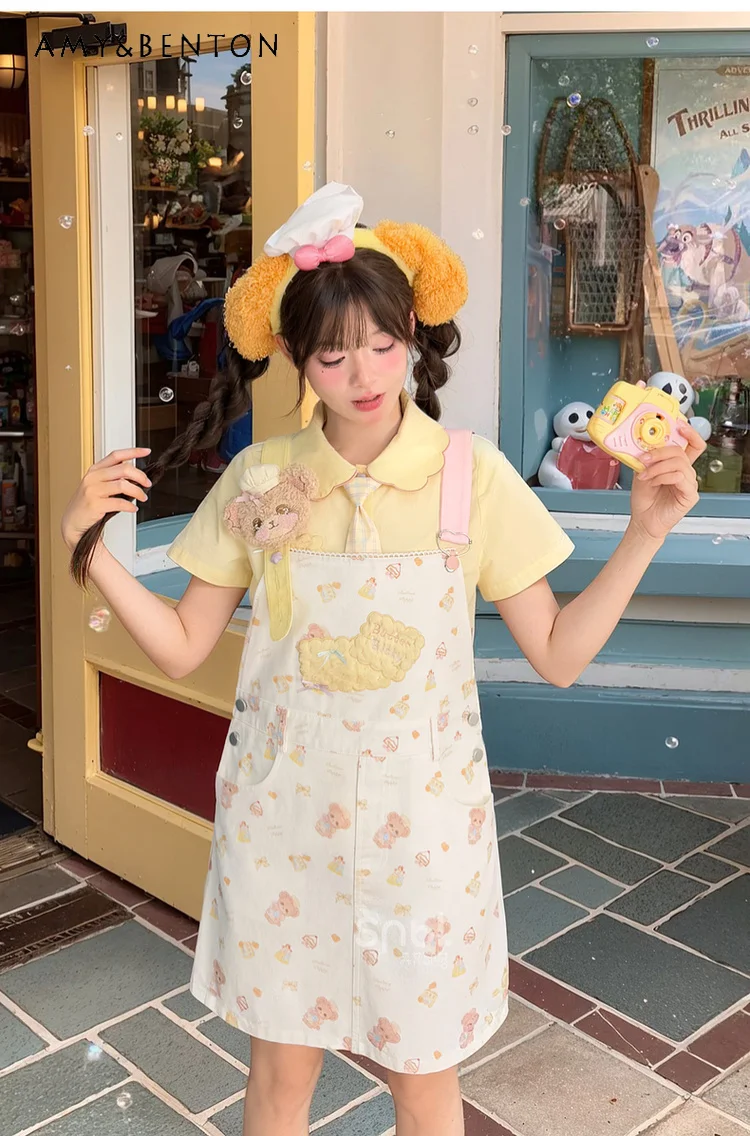 

2025 Summer New Sweet and Popular Loose Bear Print Strap Dress Petite Women Yellow Tie Collar Short Sleeve Shirt