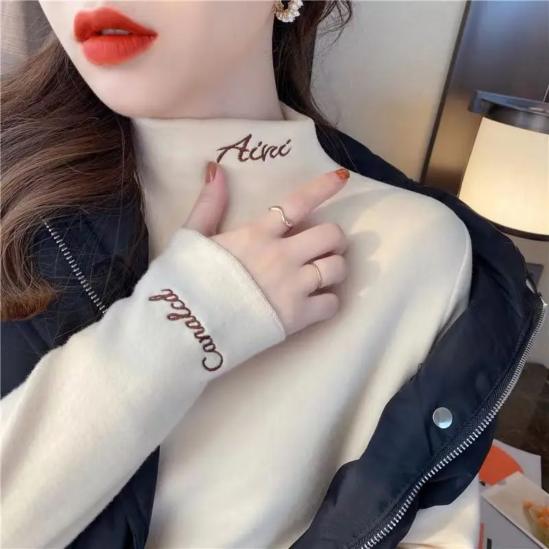 De Rong Half High Collar Letter Embroidery Slim T-Shirts Double Sanding Plush Soft Keep Warm Long Sleeve Women's Clothing Basic