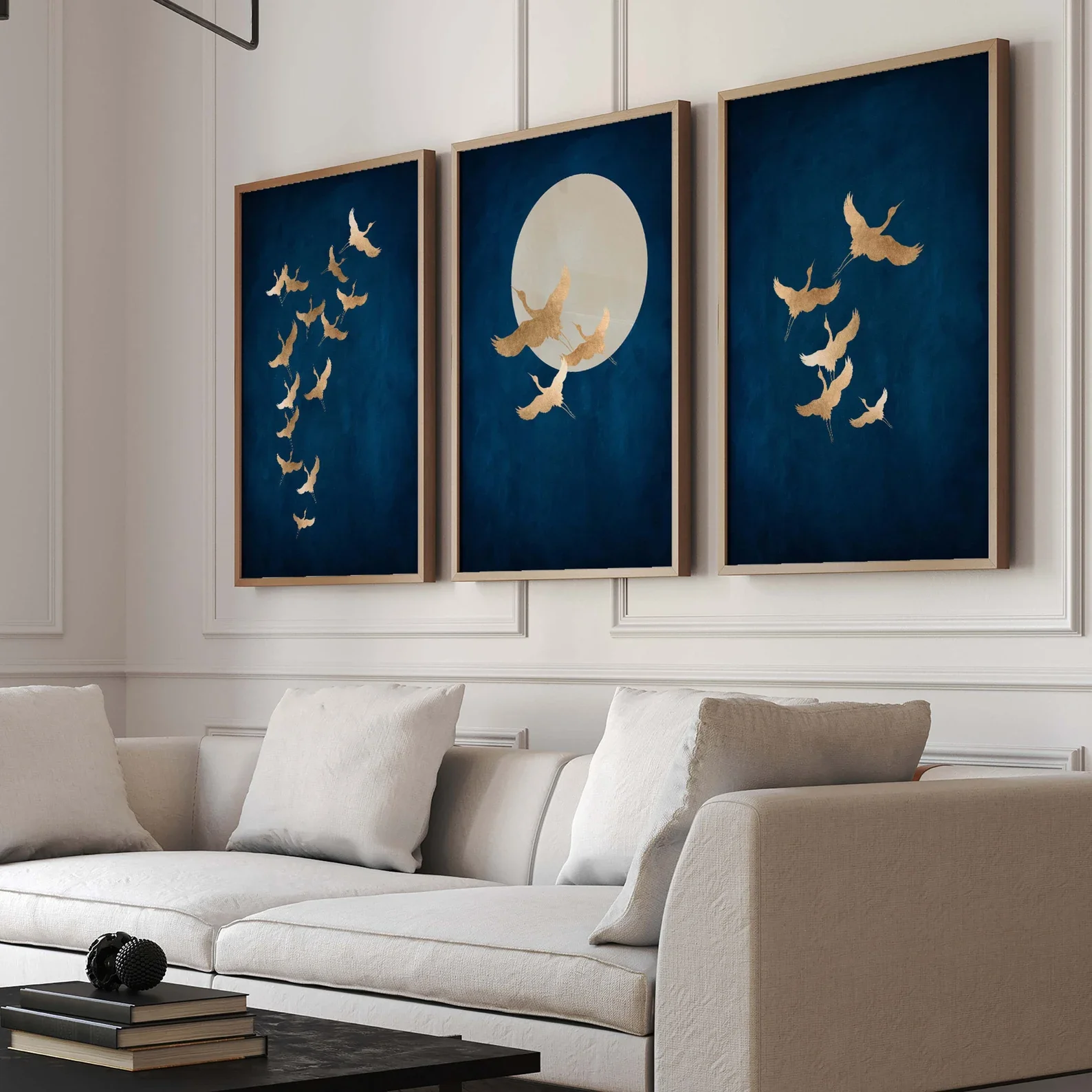 3pcs frameless Canvas Painting 3PCS Blue and Gold Cranes Poster  Japanese Wall Art  Japandi Art  Tsuru Cranes Birds Print  Canva