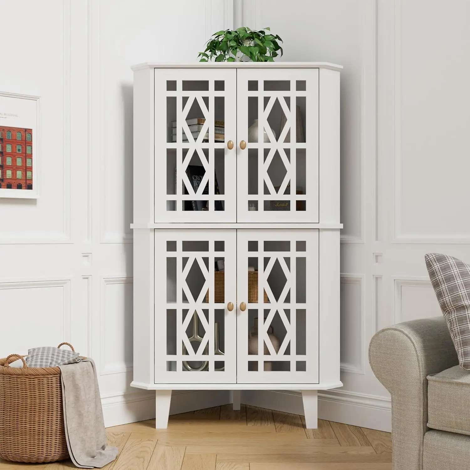 Scurrty Tall Corner Shelf Stand, Large Shelf Corner Table Sideboard Cabinet With 4 Doors And 4-Tier Shelves, Free-Standing