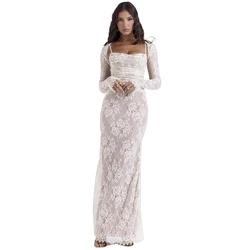 Mingmingxi Summer Long Lace Maxi Formal Occasion Dress Black Lace Up Elegant Event Dresses 2 Pieces Set Women's Clothing