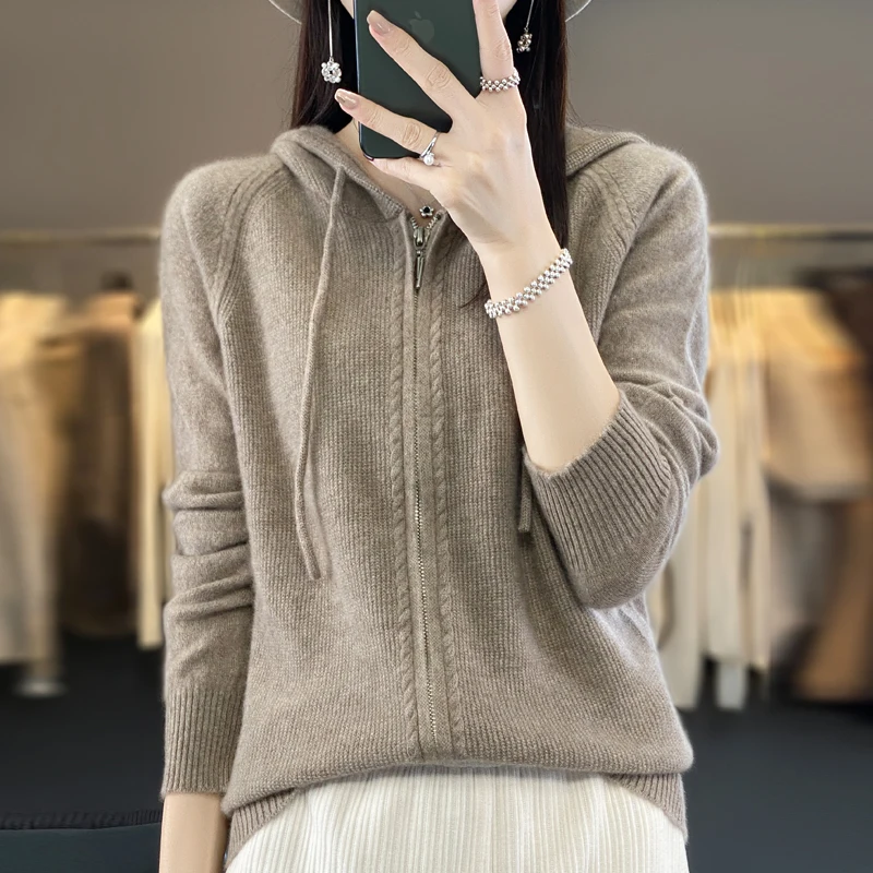 100% Merino wool sweater women hooded cardigan zipper long sleeve casual loose cashmere knit jacket Korean fashion top