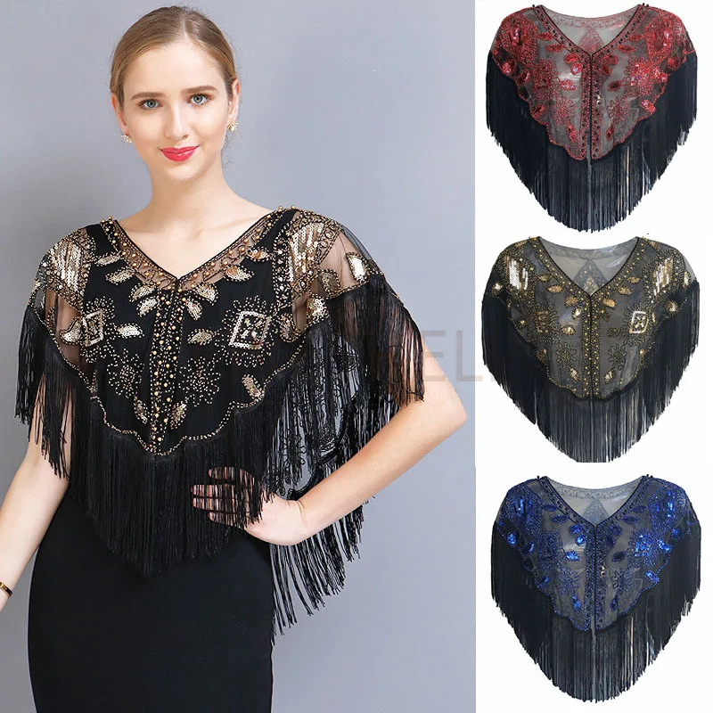 1920s Sequin Wedding Cape V Neck Evening Shawl Wrap Beaded Cape Fringed Tassel Great Gatsby Party Flapper Dress Accessorie