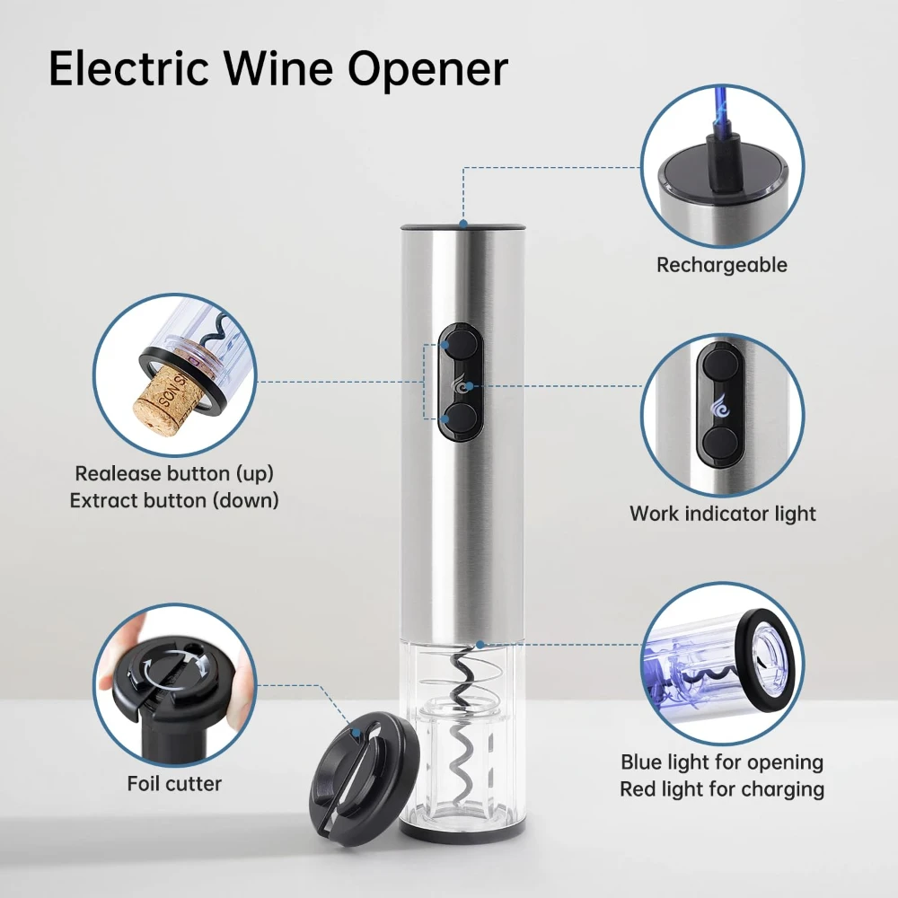 Electric Wine Opener Electric Corkscrew Brushed Stainless Steel Body & Foil Cutter Kitchen Products Performance Plastic Gift Set