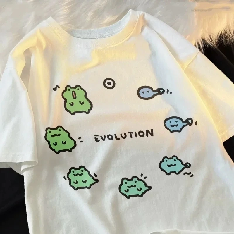 Nouveau T-shirt Femme 2026 Imprimé Grenouille Évolutive Style Japonais Rétro Streetwear Décontracté Mode Été Vêtements Vintage