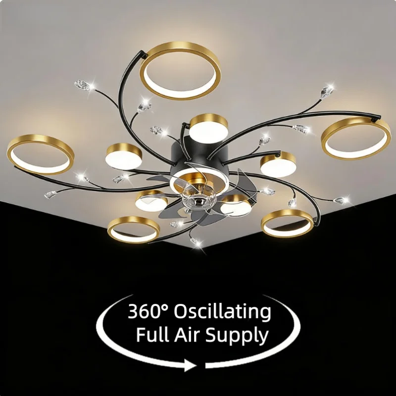 Modern Starry Sky Fan Light Remote Control Silent LED Fan Suitable Living Room Bedroom Dining Room Home Decoration Ventilation
