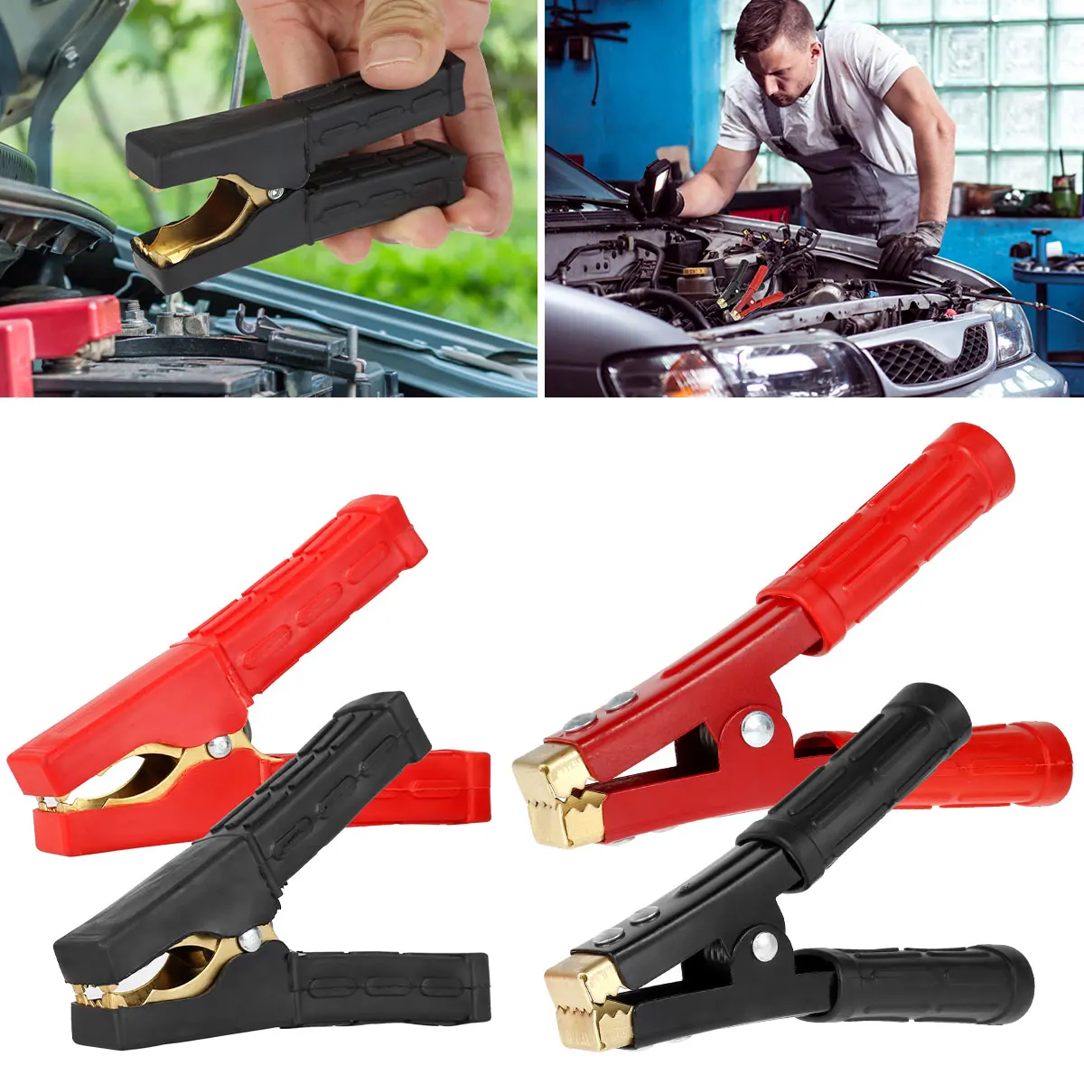 2Pcs 500-1000Amp Car Battery Clamp Heavy Duty Copper Battery Alligator Clip Heavy Duty Jump Lead Clip Insulated Full