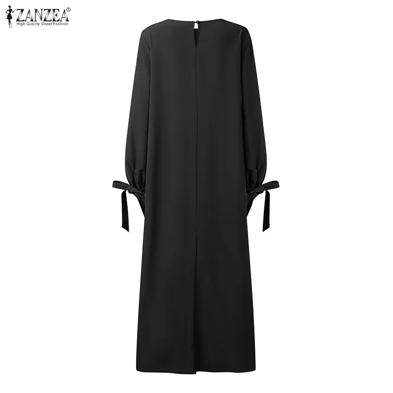 Muslim Women Layered Detail Maxi Dresses O-Neck Long Sleeve Solid Color Loose Hijabis Abaya Robes ZANZEA Islamic Ramadan Clothes
