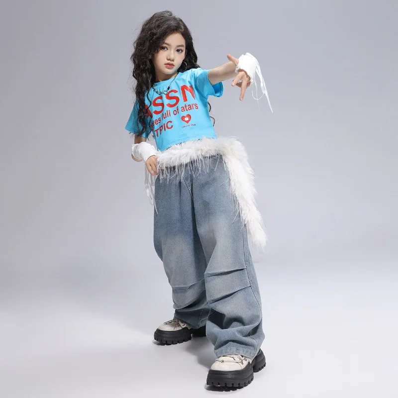 Hip hop meninas colheita topos denim calças de carga criança jazz corredores streetwear moletom crianças dança rua cheerleader conjuntos roupas