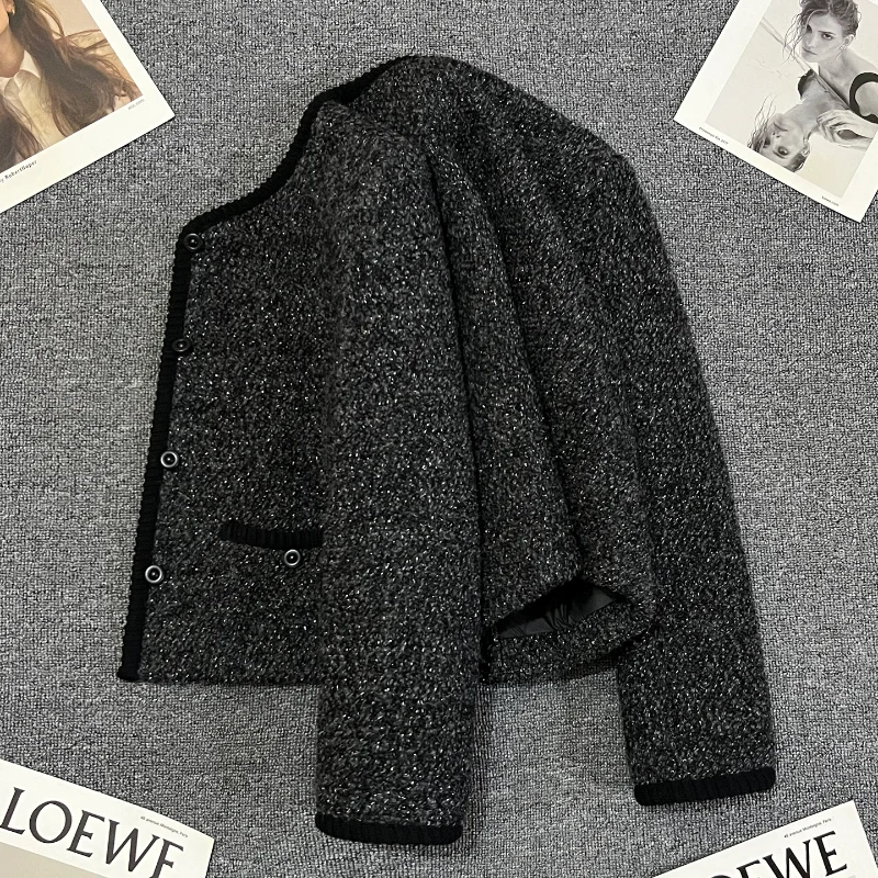 Black Fragrance Down Liner Autumn Winter Short Jacket for Women Fashionable Warm Simple French Lady Coarse Tweed Jacket