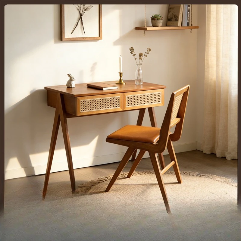 Solid wood study table Household small apartment rattan desk Bedroom simple integrated computer desk