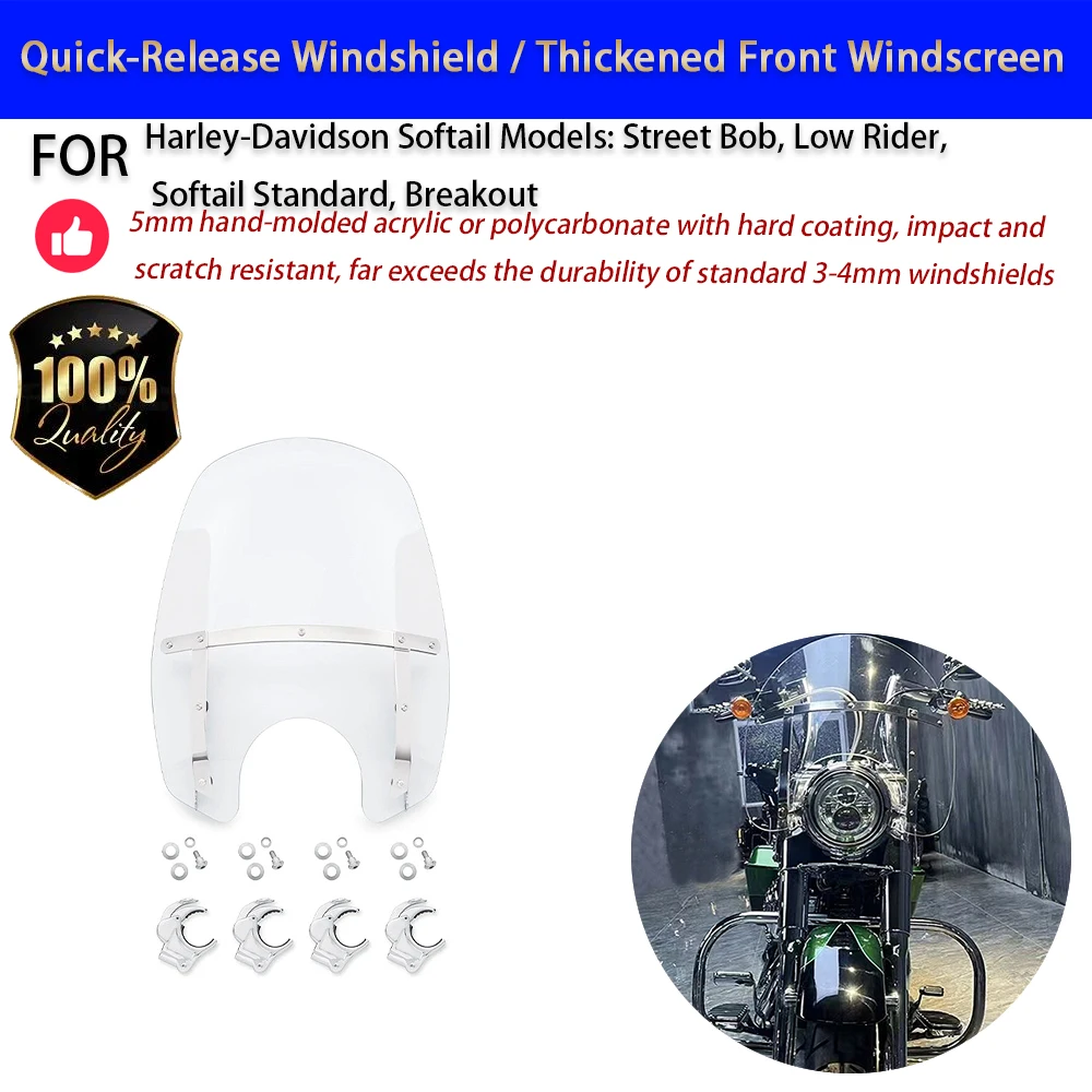 For Harley Softail Street Bob Low Rider Breakout 5mm Quick Release Windshield No-Drill Accesorios Moto