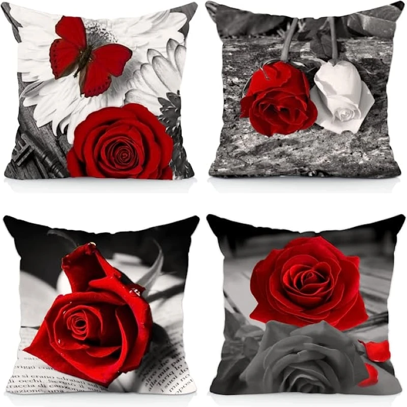 Flower Throw Pillow Covers Red Rose Black Decorative Pillow Covers Couch Bed Sofa Floral Square Pillow Cover Red Black Linen