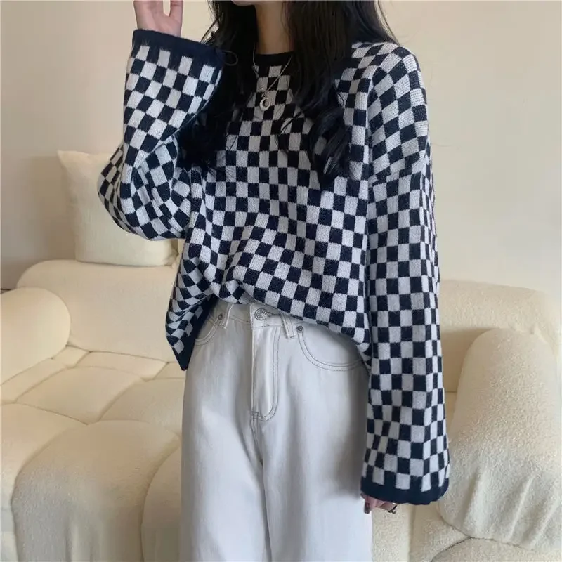 بلوفرات نسائية برقبة دائرية منقوشة بتصميم كلاسيكي كسول للخريف والشتاء رائجة البيع أنيقة وملصقة عصرية للشارع Y2k ريترو فرنسي #4