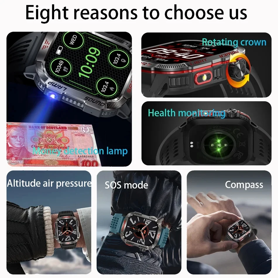 Esporte Militar Smartwatch para Homens, Chamada Bluetooth, Lanterna, Bússola, Pressão de Altitude, Impermeável, Talk Check Bill, Novo