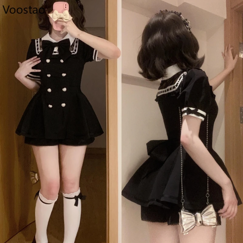 Japanese Gothic Lolita Style Two Piece Set Women Y2k Bow Puff Sleeve Slim Tops Black Shorts Suit Female Korean Elegant Outfits