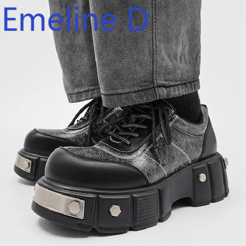 

Thick Soled Height Increasing Derby Shoes Men's Big Toe Shoes British Round Toe Studded Sponge Leather Shoes, Sports Dad Shoes