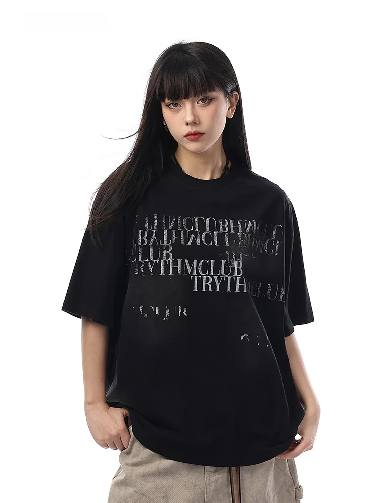 

Vin Muk American Design Waed Vintage Letter Print ort Sve T-irt Loose Women's Summer Casual Cotton round Ne Top