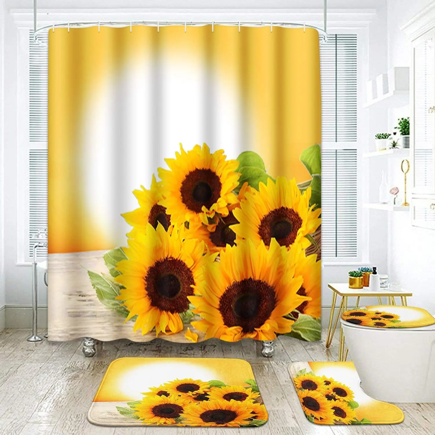 

Набор для ванной комнаты Sunflowers Golden Sunrise Sunset с занавеской для душа и ковриками и аксессуарами, декор для ванной комнаты, 4 шт.