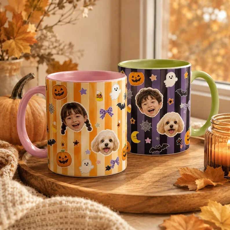 Custom Mugs Design Kid Face and Dog Face Photo Halloween Accent Mug Personalized Striped Ghost Pumpkin Mug For Holiday Party Use