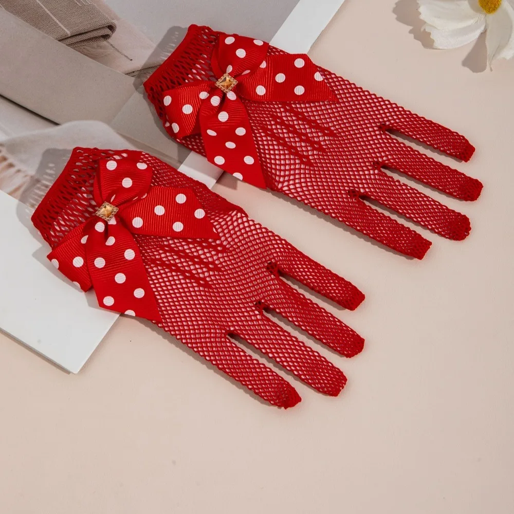 짧은 어린이 웨딩 장갑 얇은 나비 매듭 에티켓 드레스 장갑 우아한 여성 레이스 메쉬 장갑