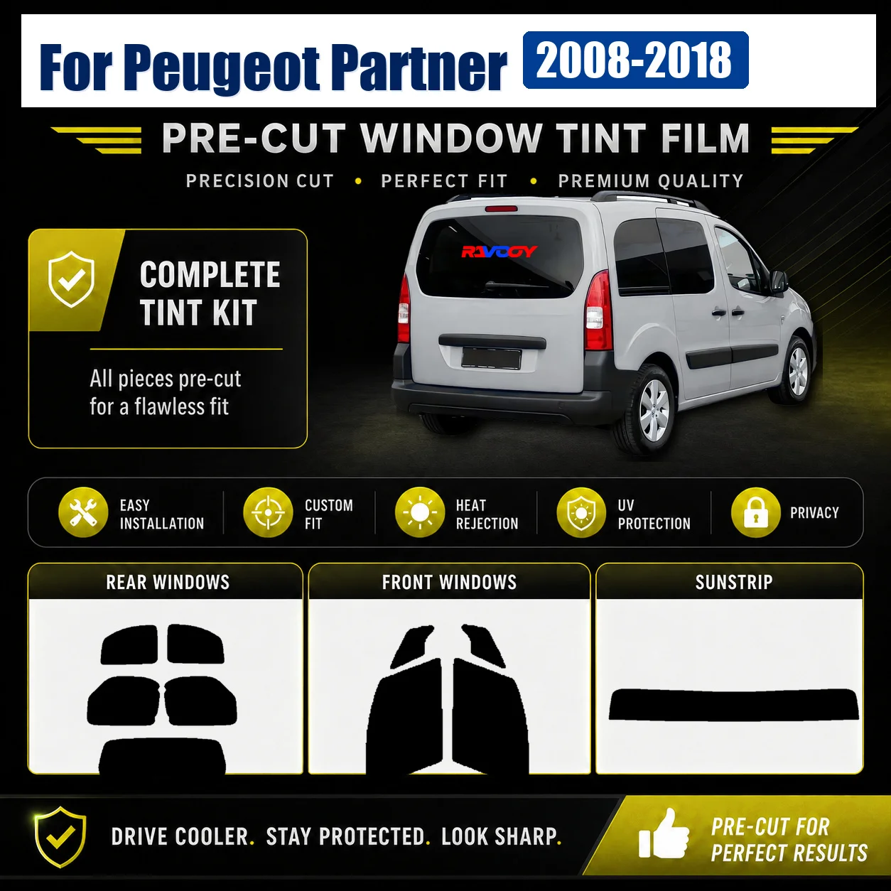 For Peugeot Partner 2008-2018 DIY Front Rear Side Window Privacy Tint Film DIY Install Kit