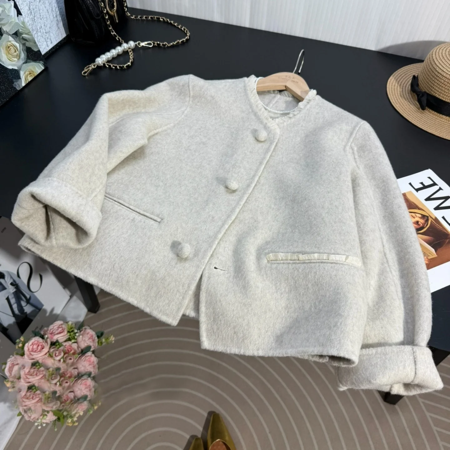 

Double-Sided Woolen Coat round Ne Slim Fit ex Spring Autumn Design Faionable Warmth Casual Sle Long Sve ort Coat