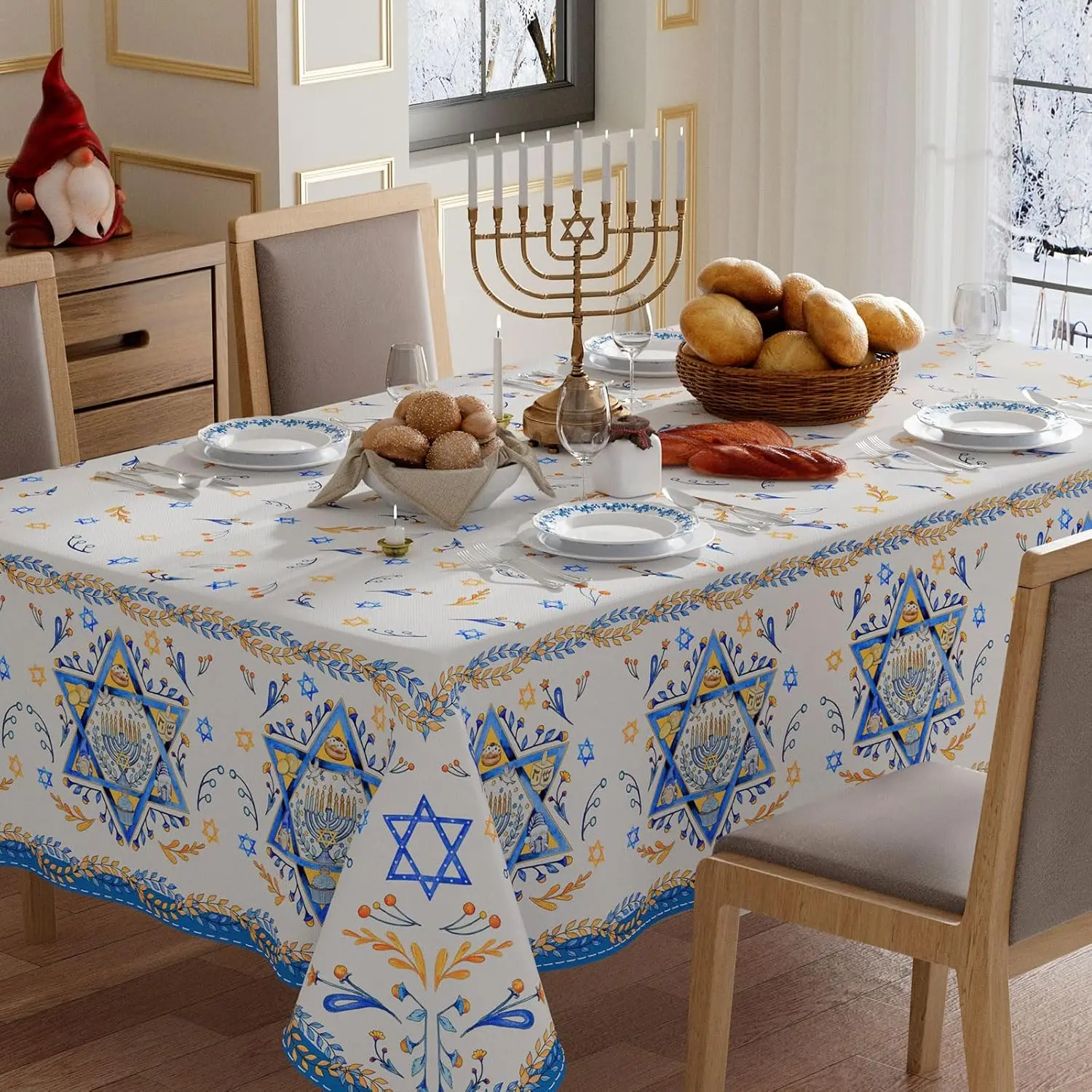 Happy Hanukkah Hexagram Olive Leaf Rectangle Tablecloth for Table Decor Chanukah Menorah Dining Table Cloth Jewish Party Decor