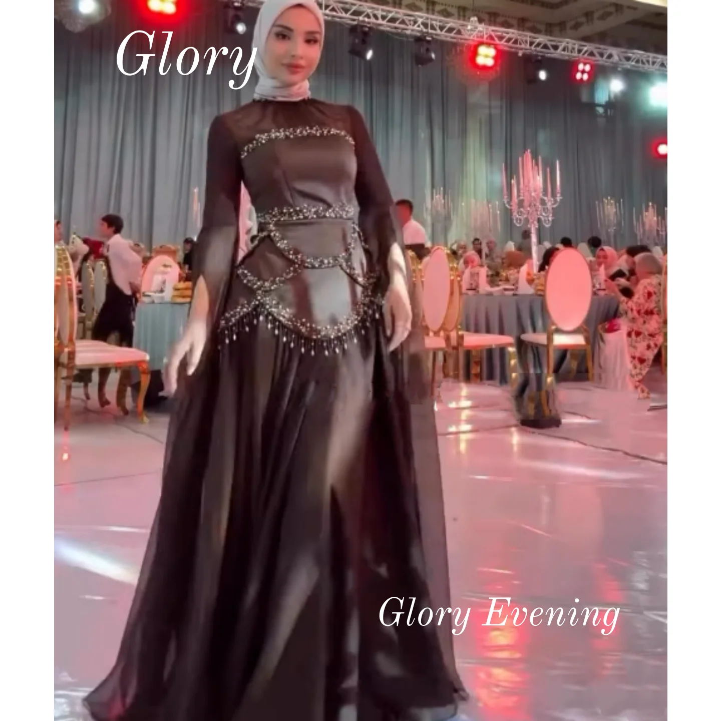 Vestido de fiesta islámico de gasa, vestido Maxi musulmán de cuello alto, vestido Abiye personalizado, manga de capa marrón, vestidos de noche de línea A 2026