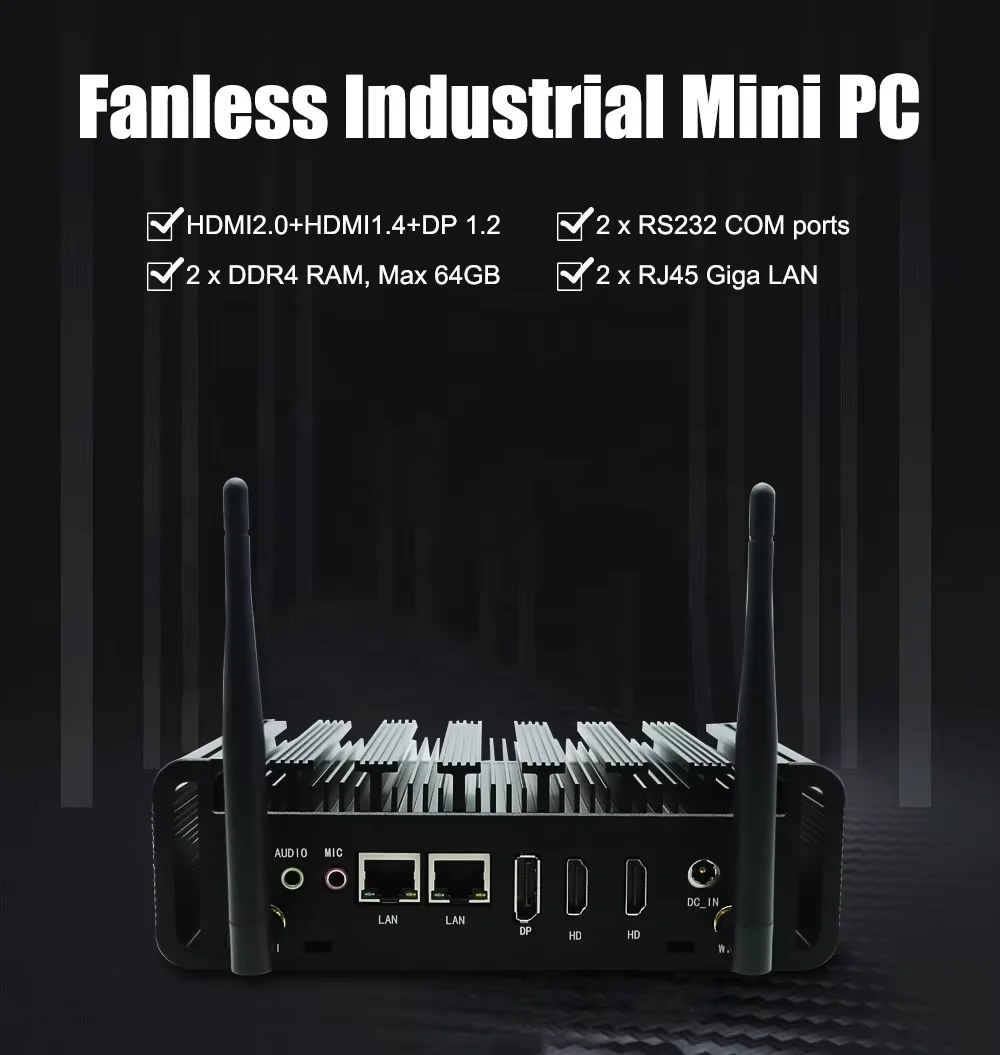 Intel N100 N150 Business Office Mini PC 2xHD DP Dual Lan Supporta Windows 11 IoT J6412 Computer industriale senza ventola 2xRs232 COM