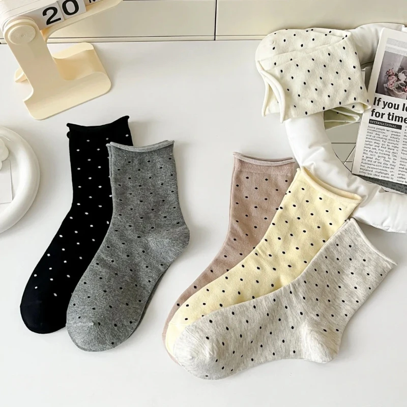 

6 пар женских носков средней длины в горошек из чистого хлопка с закрученными краями, весенне-осенние повседневные носки, впитывающие пот, устойчивые к запаху