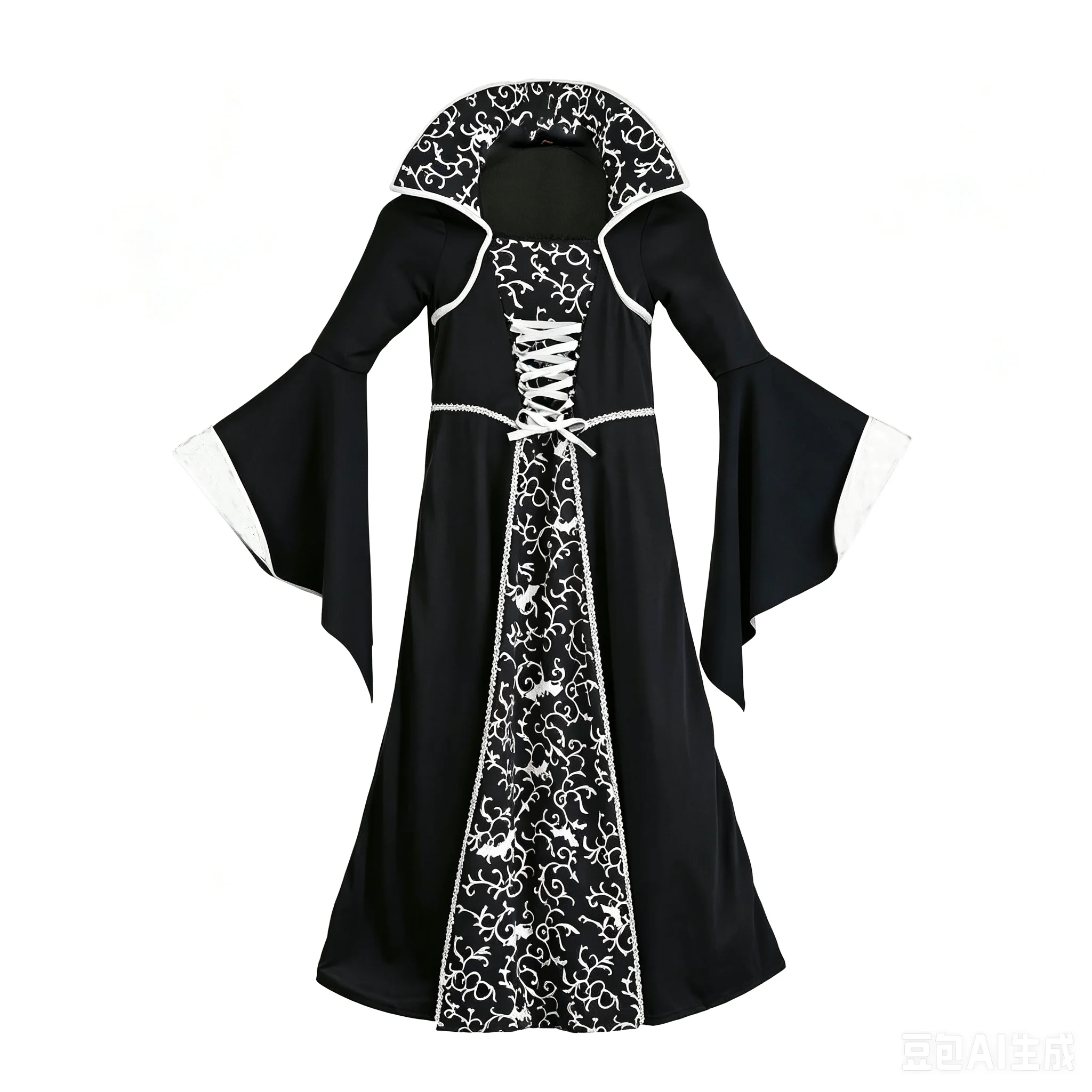 Girls Vintage Gothic Long Dress White Print Flare Sleeve Vampire Costume Medieval Halloween Party Witch Cosplay Fancy Outfit