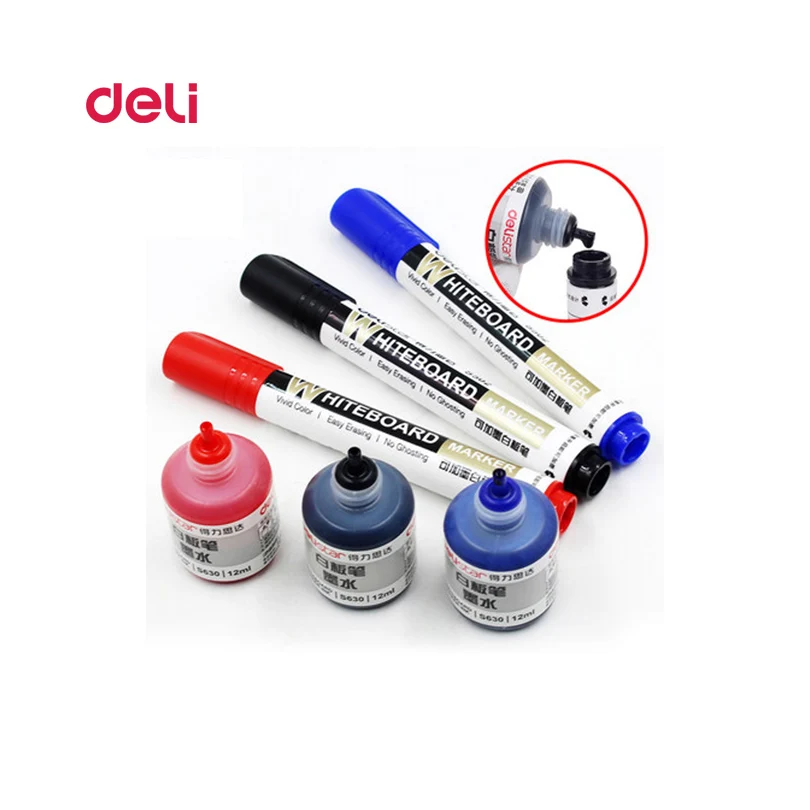 Deli caneta marcadora de quadro branco apagável, 1 peça, conjunto de garrafa de tinta, marcadores de escritório, apagamento a seco, azul, preto, vermelho, material de escritório