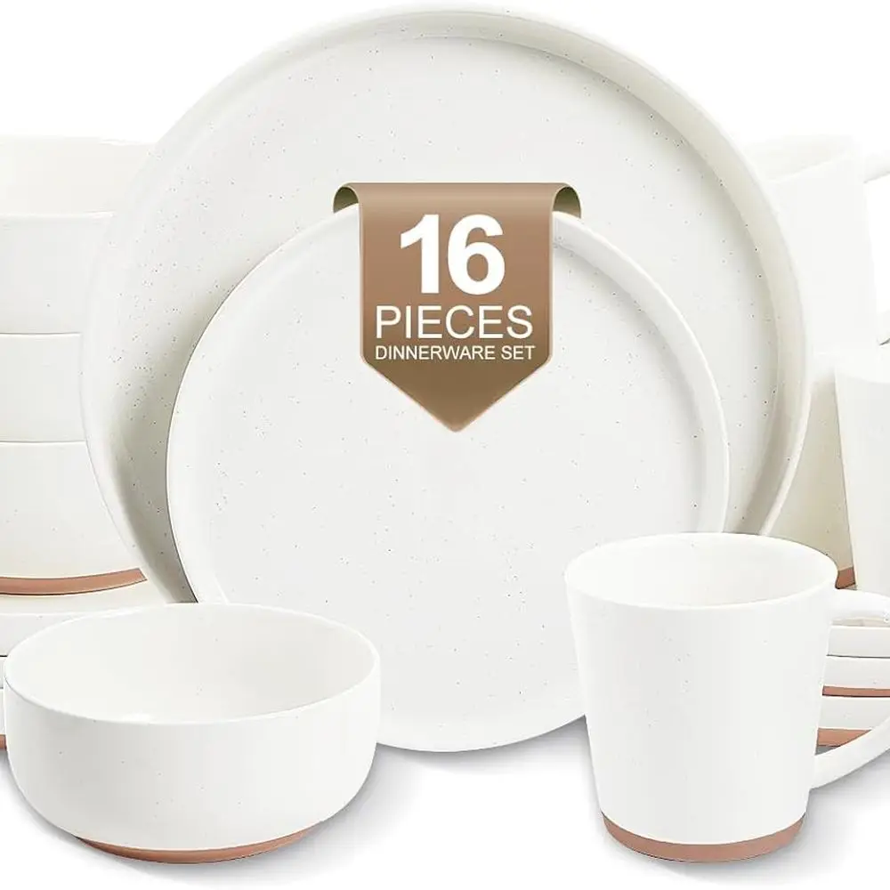 

16-Piece Ceramic Dinnerware Sets with Mugs for 4, Handpainted Plates and Bowls Set with Rustic Terracotta Underside, Scratch Res