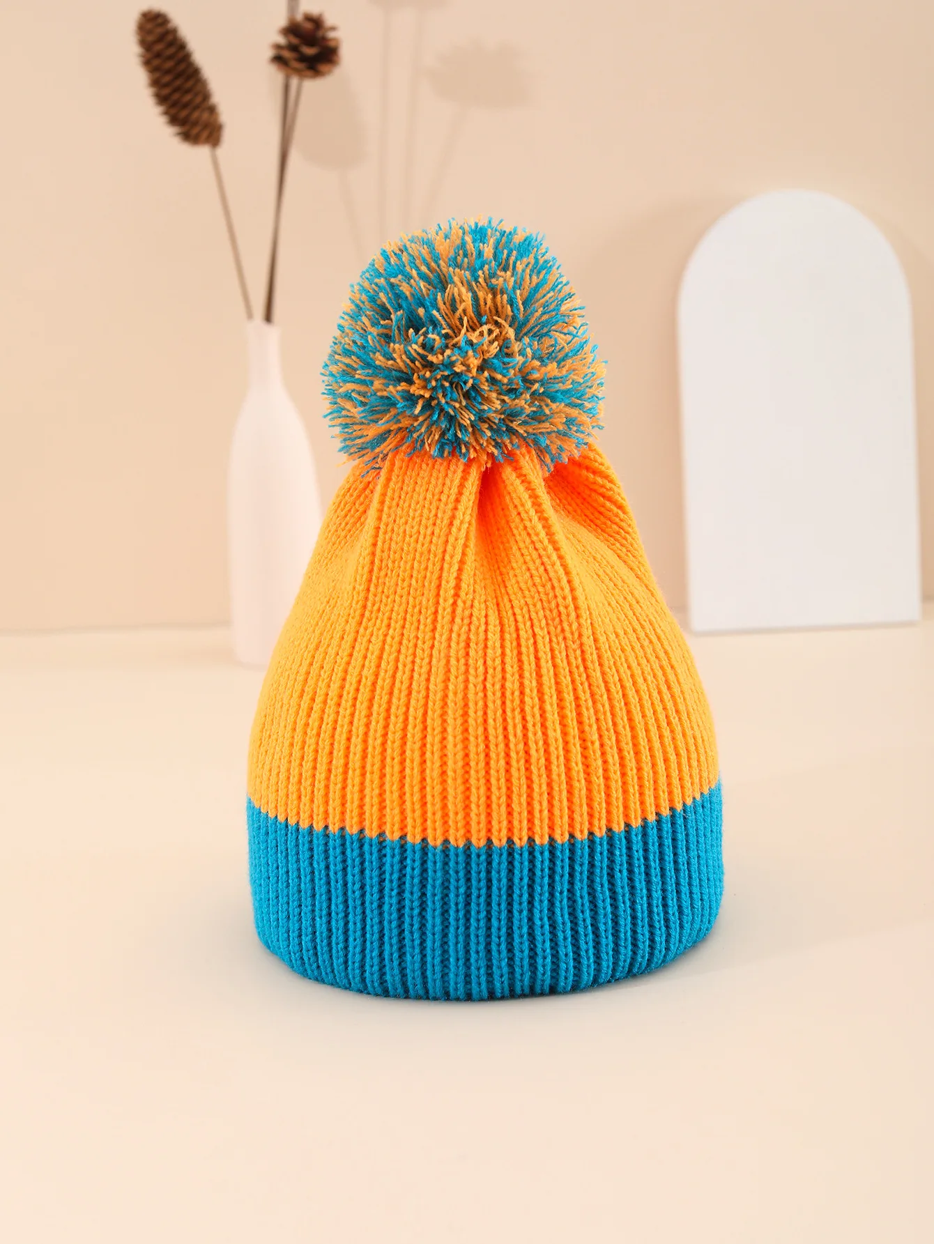 Fashion Color Matching Knitted Hats Women Winter Keep Warm Soft Beanie Cute Pompom Skull Cap