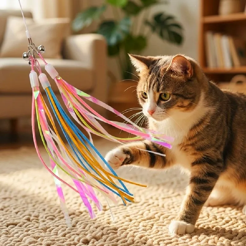 Jouet pour chat : bâton à ruban et pompon, jouet interactif pour chat avec corde colorée et pompon, bâtonnets en fil d'acier pour chat, jouet de grattage pour chats