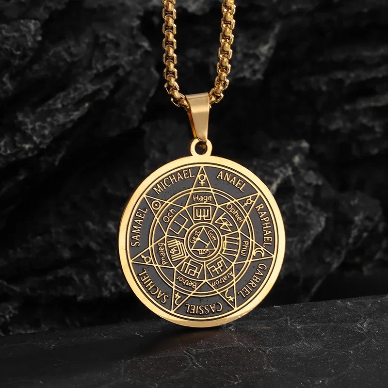 Seven Archangels Stainless Steel Compass Pendant Solomon Round Amulet Necklace for Men and Women Retro Punk Jewelry