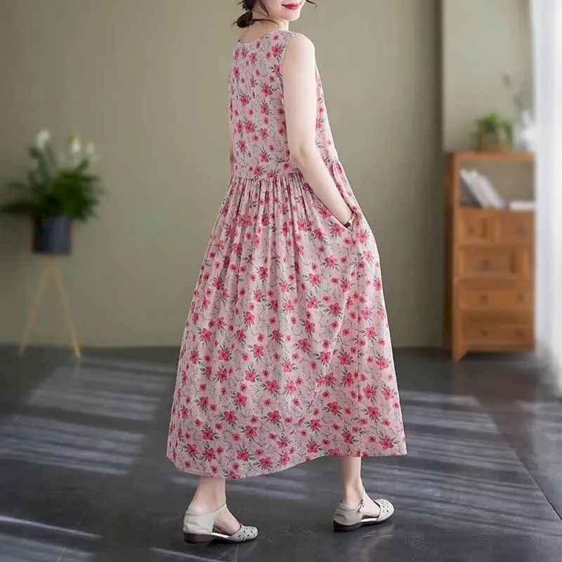 Women Dresses Cotton Linen Summer Vintage Pink Printed Sleeveless A-line Loose Korean Style Mid-Calf Dress for Women Clothing