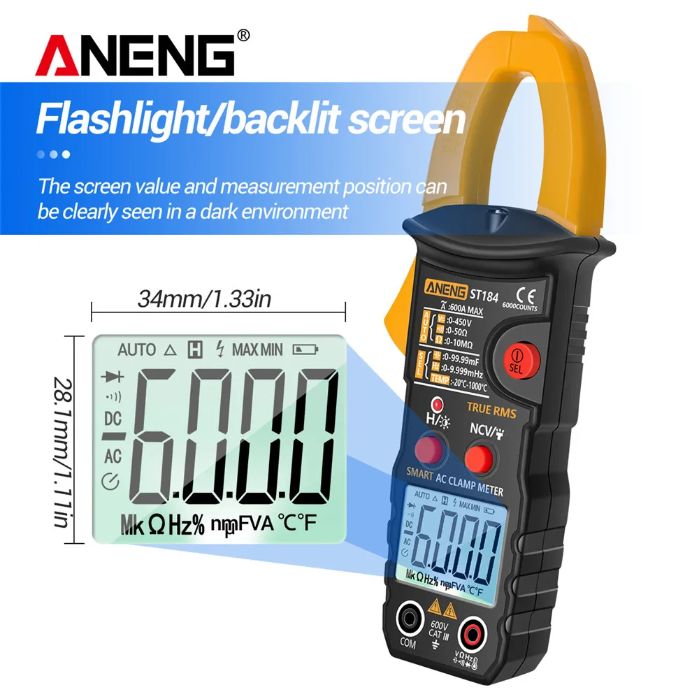 ANENG ST184 180 Digital Clamp Multimeter Meter 6000 Counts Professional True RMS AC/DC Voltage Current Tester Hz Capacitance Ohm