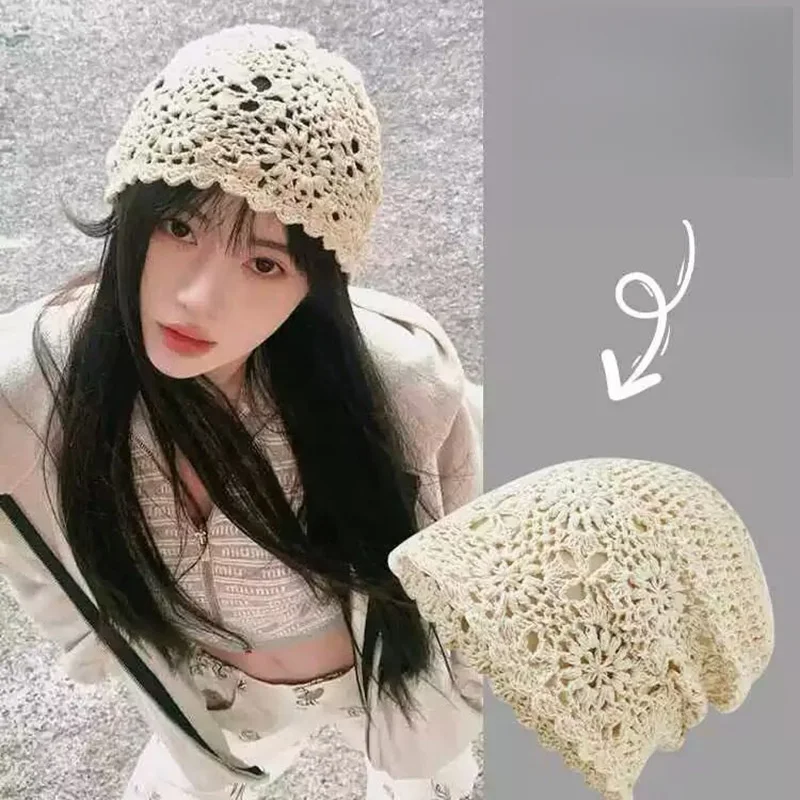 Gorro de Punto Calado Hecho a Mano en Japón para Mujer, Primavera Verano, Estilo Retro Casual, Gorro de Malla Tipo Melón, Gorro Transpirable