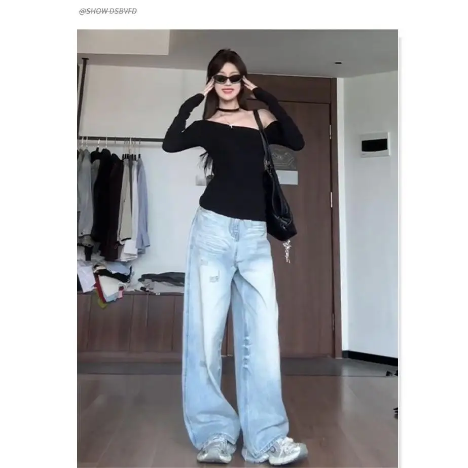 

American Retro Wide Leg Jeans Women's New 2026 Small Wa High Waist Loose Slim Straight Cotton Blend Casual Trousers