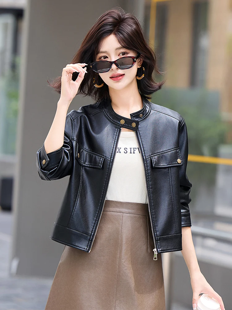 Giacca in Pelle da Donna alla Moda con Colletto Alto e Chiusura a Cerniera, Vestibilità Slim, Cappotto in Pelle di Pecora, Nuova Collezione Autunnale dalla Cina