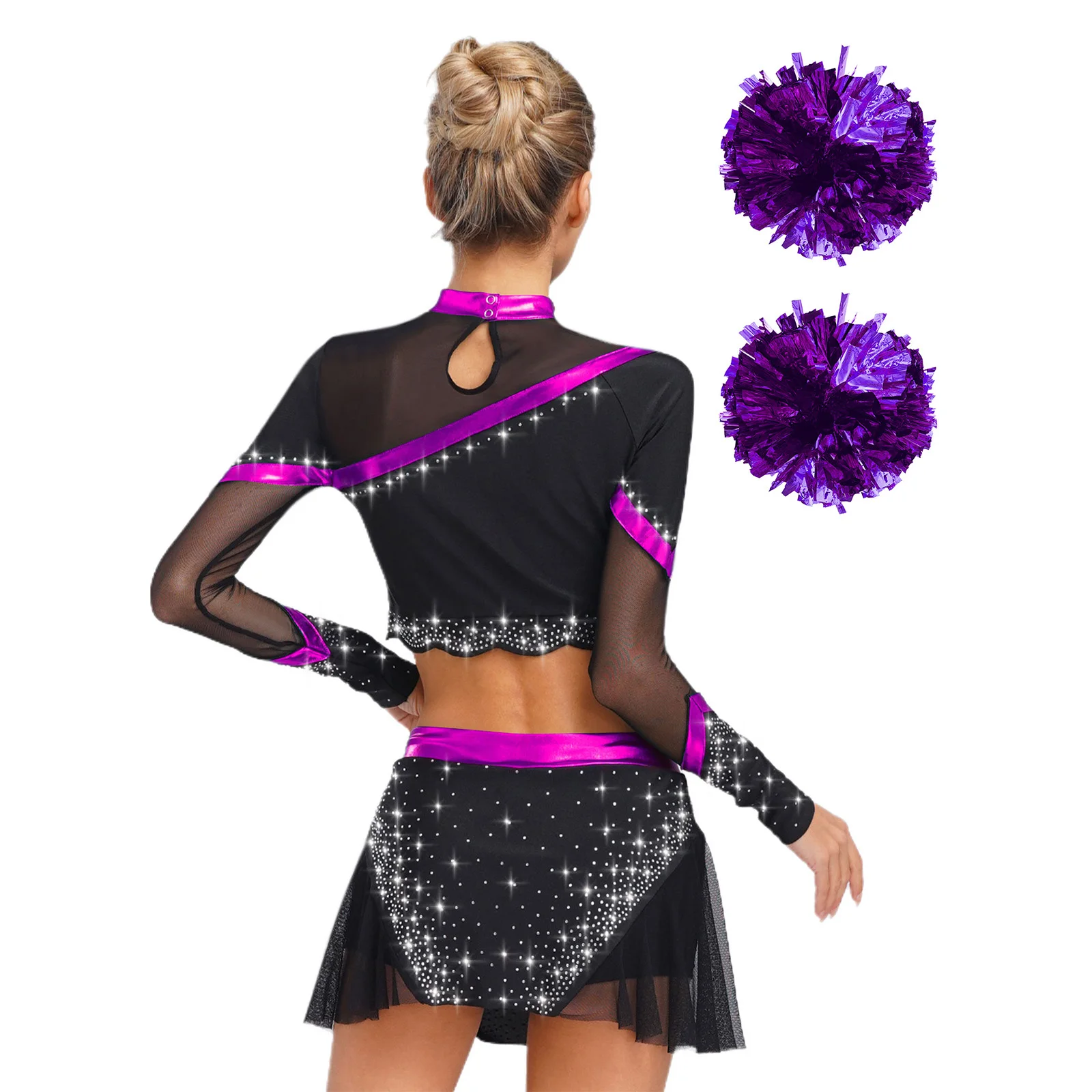 Tenues de pom-pom girl pour femmes, haut court à paillettes à manches longues avec jupe de danse et ensemble de fleurs à la main, Costume de spectacle de pom-pom girl