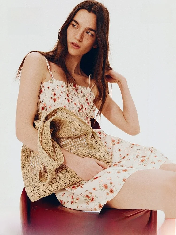 Ele H&M Damen-Weste mit Riemen, Dr. Frühling, neuer quadratischer Kragen, Glocken-Design, Sensation, Blumenrock, Baumwolle, 00 % Ort