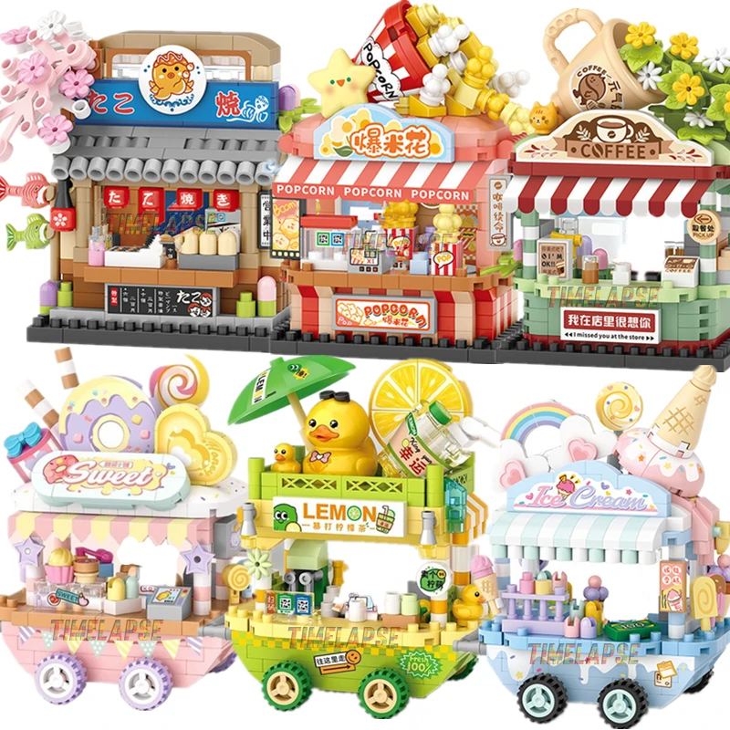 DIY arquitectura restaurante cafetería helados tienda de coches vista de calle Kit de bloques de construcción niñas ladrillos modelo clásico juguetes para niños